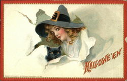 Halloween Witch & Black Cat Postcard Postcard