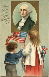 2 children, one waving flag, looking at portrait of Washington Presidents Postcard Postcard