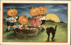 Four Pumpkin-Headed Kids Scared by Black Cat Halloween Postcard Postcard