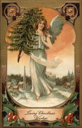 Loving Christmas Wishes - Angel Carrying Decorated Tree in the Snow Postcard