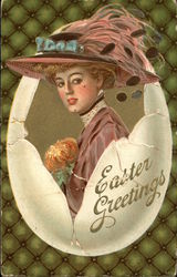 Easter Greetings - Woman in Large Plumed Hat inside Egg Shell Postcard