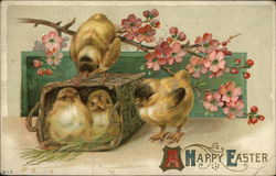 A Happy Easter - 4 chicks, 2 in basket, plus pink flowers With Chicks Postcard Postcard