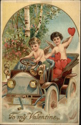 "To My Valentine" - Two Cherubs Driving Car full of Hearts Postcard Postcard