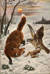 Red Fox and Hawk fighting over Rabbit in the Snow Postcard