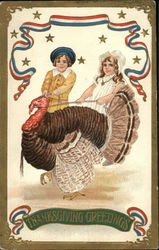 Boy & Girl Use A Partriotic Ribbon To Capture A Turkey Postcard