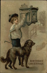 Birthday Greetings - Young Boy with Large Black Dog Mailing a Letter Postcard