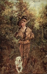 On the Trail - Woman Hunter with Dog Postcard