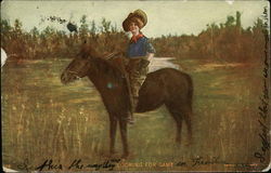 "Looking for Game" - Cowgirl with Rifle on Horseback Postcard