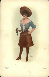 Cowgirl wearing Holster, Fringed Skirt, Large Hat and Twirling Gun Postcard