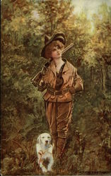 On the Trail - Woman Hunter with Gun & Dog Postcard