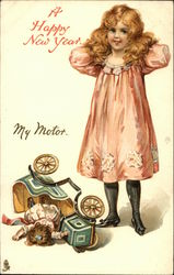 A Happy New Year with Young Girl, Toy Car & Doll Children Postcard Postcard