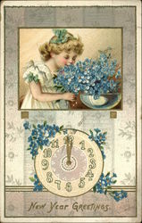 New Year Greetings with Clock, Child and Blue Flowers Postcard