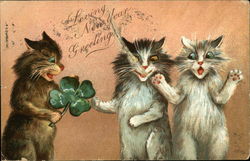 Loving New Year Greetings with Three Cats and a Clover Postcard