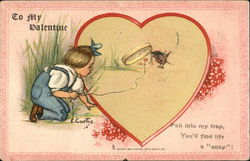 Valentine With Boy Trying To Catch Bird In Trap Postcard