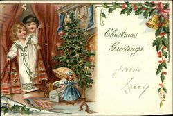 Christmas Greetings with Children and Christmas Tree Postcard Postcard