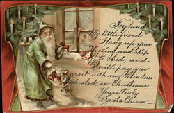 Santa in Green Robe Delivering Presents at Window Postcard