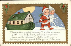 Kids pulling a Boat sleigh in snow and waiting for Santa Claus Postcard