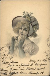 Young Girl Tying on Hat Decorated with Yellow Roses Girls Postcard Postcard