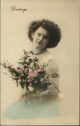 Greetings, Woman in Blue Skirt Holds Bouquet of Pink Flowers Postcard