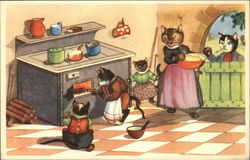 Cats Dressed in Clothing Cooking on a Wood Stove Postcard Postcard