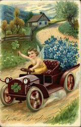 Loves greetings-An angel riding a car with flowers Postcard