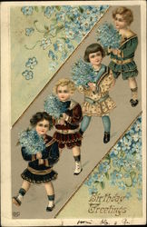 Birthday Greetings with Four Boys carrying Blue Bouquets Postcard