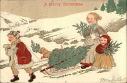 Children Towing Tree on Sled in Snow Postcard Postcard