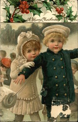 A Merry Christmas with Children in Warm Jackets and Holly Postcard