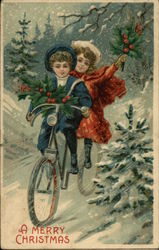 A Merry Christmas with Children Biking in the Snow Postcard Postcard