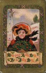 Girl Gathering Basket of Holly Children Postcard Postcard