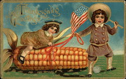 Thanksgiving Greetings with Corn, Children, and American Flag Postcard Postcard