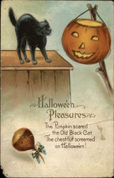 Haloween Pleasures - The Pumpkin scared the Old Black Cat Halloween Postcard Postcard