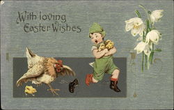 With Loving Easter Wishes - Hen Chasing Young Boy Postcard