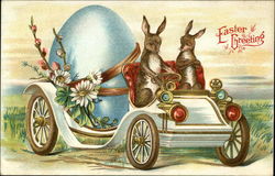 Easter Greeting with Bunnies Hauling Large Egg in a Car Postcard