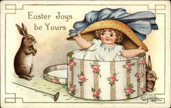 Easter Joys be Yours with Child in Hat Box and Bunny With Bunnies Postcard Postcard