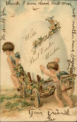 With Best Easter Wishes - Cherubs hauling large egg in cart With Angels Postcard Postcard