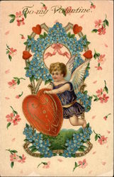 To My Valentine with Cherub, Hearts and Flowers Postcard