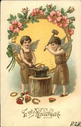 To My Valentine with Cherubs Forging Golden Rings Postcard