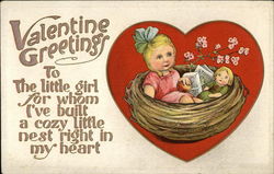 Little Girl And Doll Sit In Nest Within Big Red Heart Children Postcard Postcard