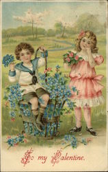 To My Valentine with Children and Flowers Postcard