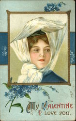 Woman in White Net Hat With Forget-Me-Knots Postcard