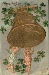 A Happy New Year with Cherubs, Bell and Clover Postcard