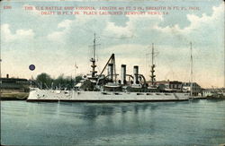 The U.S. Battle Ship Virginia, Length 441 Ft. 3 in., Breadth 76 ft., 2 1/4 inch Battleships Postcard Postcard