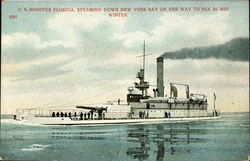 U.S. Monitor Florida, Steaming Down New York Bay on her way to Sea in Mid Winter Ships Postcard Postcard