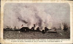 The First Naval Conflict Between Iron Clad Vessels in Hampton Roads, March 9th, 1862 Ships Postcard Postcard