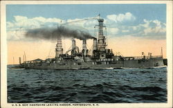 U.S.S. New Hampshire Leaving Harbor Portsmouth, NH Battleships Postcard Postcard