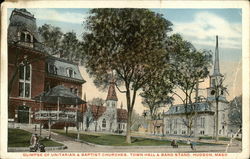 Unitarian & Baptist Churches, Town Hall and Band Stand Postcard