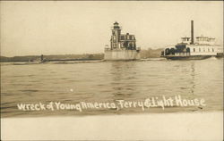 Wreck of Young America, Ferry & Light House Postcard