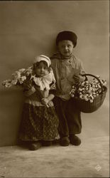 Portrait of Two Children Holding Flowers Postcard Postcard