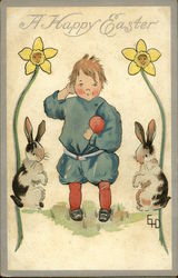 "A Happy Easter" - With Child, Two Bunnies, and Daffodils With Bunnies Postcard Postcard